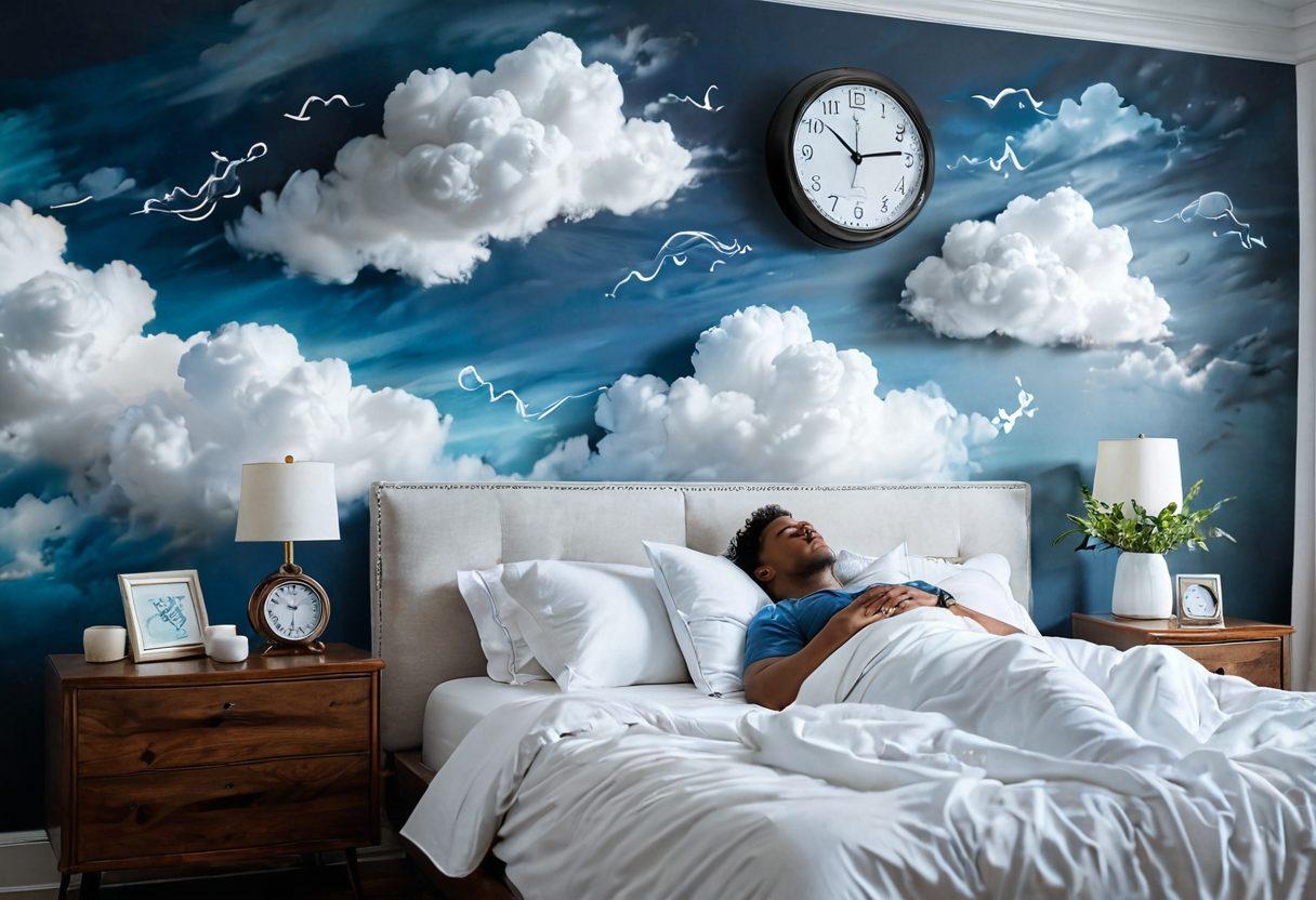 A serene bedroom scene showcasing a person peacefully sleeping with a CPAP machine gently illuminated, soft clouds swirling around to symbolize easy breathing, a peaceful color palette of blues and whites, with a clock showing a perfect sleep cycle time, and unobtrusive nature sounds depicted as subtle musical notes in the background. super-realistic. calming colors. cozy ambiance.