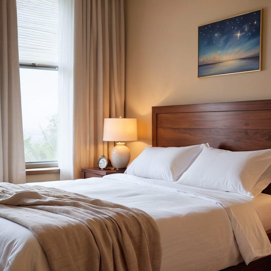 A serene bedroom scene featuring a comfortable bed with soft, white linens, a bedside table with a lit bedside lamp, and a CPAP machine on the nightstand. In the background, a window with soft curtains revealing a starlit night sky, symbolizing peaceful sleep. The atmosphere is tranquil, emphasizing relaxation and health. super-realistic. warm colors. soft focus.
