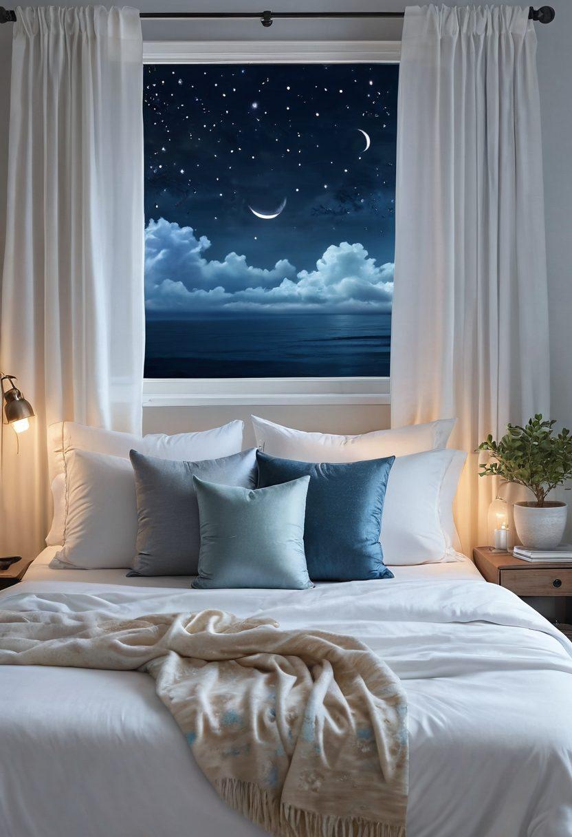 A serene bedroom scene with a cozy bed adorned with soft, fluffy pillows and a calming color palette of blues and whites. Include a window with soft, flowing curtains revealing a gentle night sky sprinkled with stars. Depict peaceful elements like a bedside table with a small plant and a softly glowing lamp for a soothing atmosphere. Incorporate subtle imagery of restful symbols, like a crescent moon and gentle waves, representing tranquility. super-realistic. vibrant colors. soothing background.